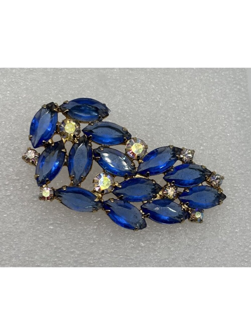 Vintage Blue Navette and Clear Prong-Set Rhinestone Brooch Open Back, Not Signed